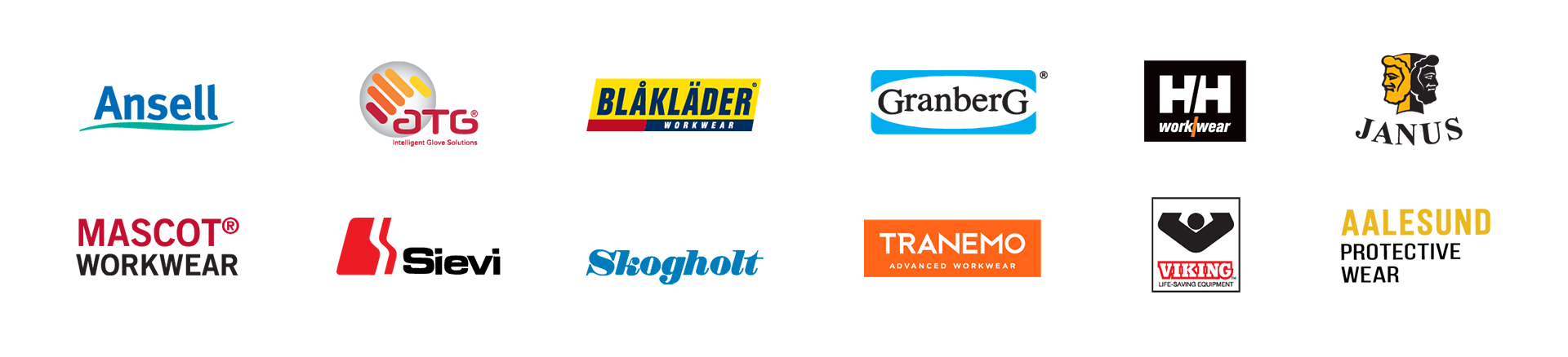 Ansell, Atg, Blåkleder, Granberg, Helly Hansen, Janus, Mascot Workwear, Sievi, Skogholt, Tranemo, Viking, Aalesund protective wear